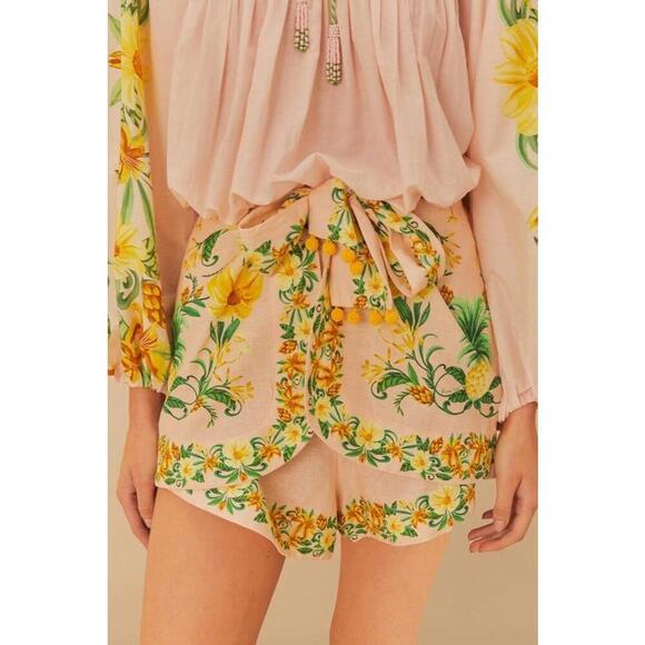 Farm Rio Pink Botanical Beauty Lenzing Ecovero Euroflax Shorts Size L Green - Picture 4 of 4